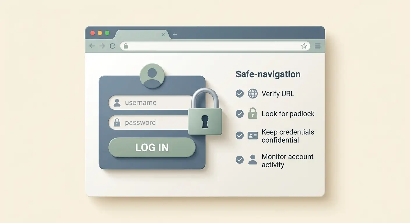 Illustration of a secure browser login checklist without real casino branding