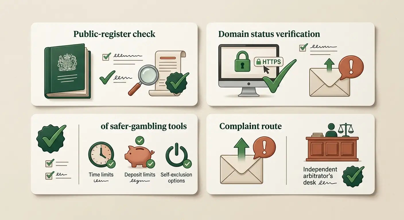 Illustration of a licence checklist with domain, safer gambling and complaint route cards